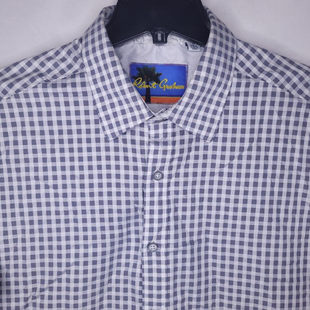 Robert Graham Shirt Mens 2XL Gingham Gray, White Short Sleeve Classic Fit